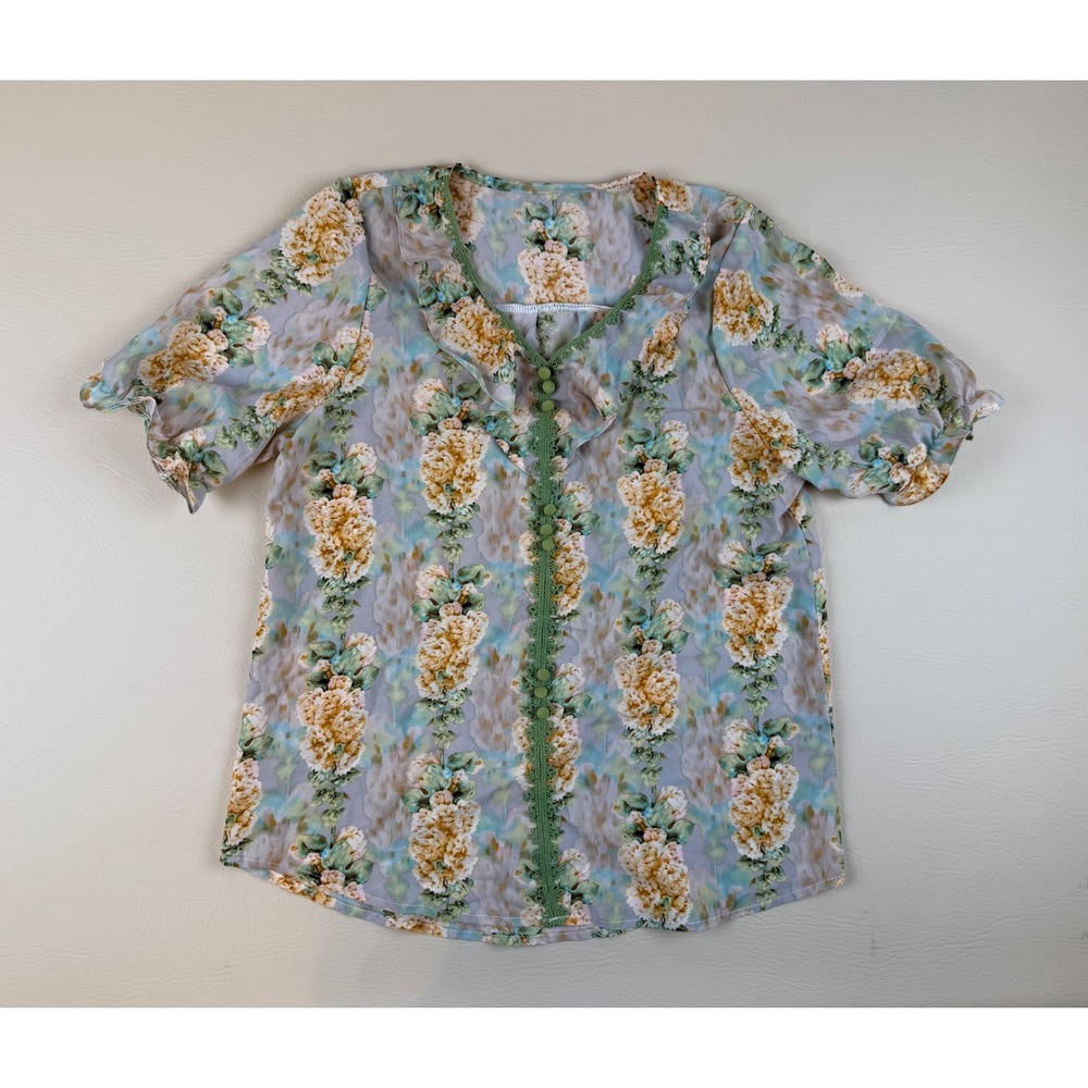 Cottagecore Floral Blouse Lace Trim Button Detail Small Unbranded